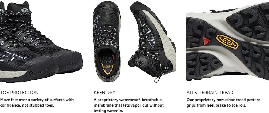 Infographic image explaining features of KEEN Nxis Evo Mid-Height Waterproof Hiking Boot